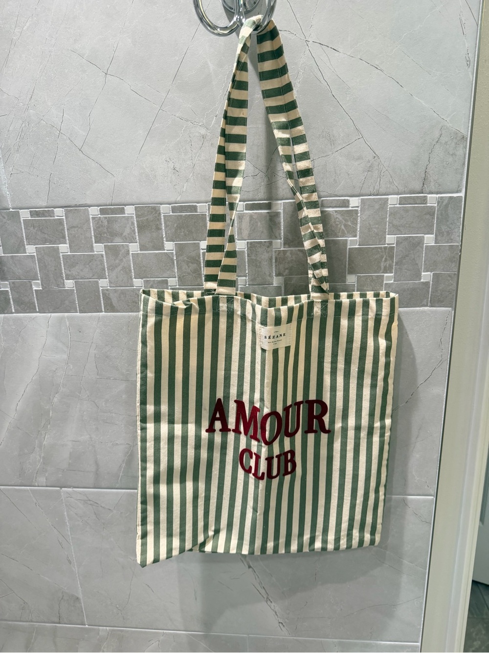Sézane Striped 'Amour Club' Tote Bag in Green and Cream